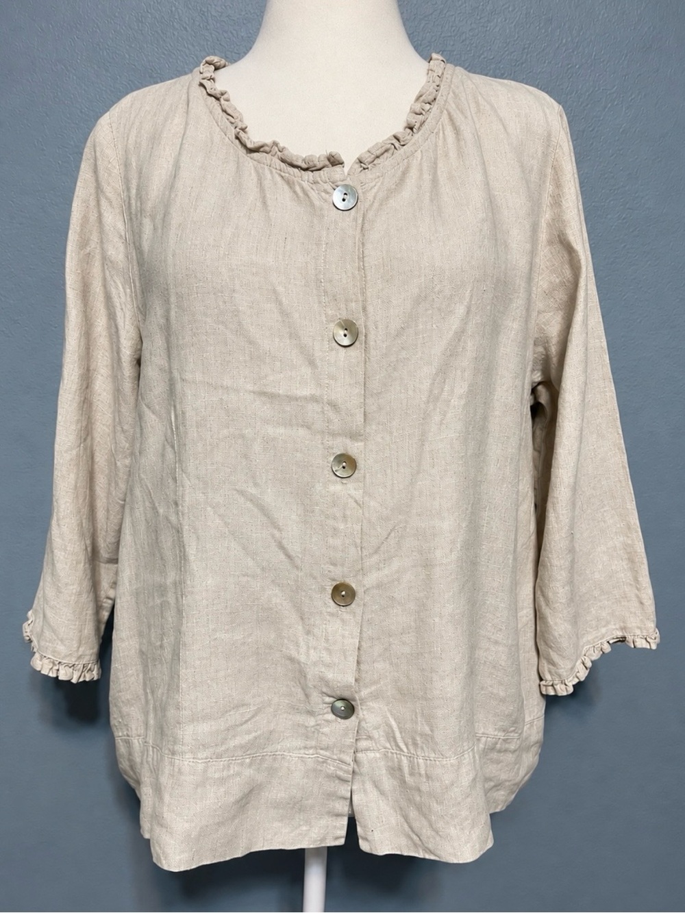 Match Point Linen Blouse Beige Ruffle Lagenlook Coastal Cottagecore Boho Small